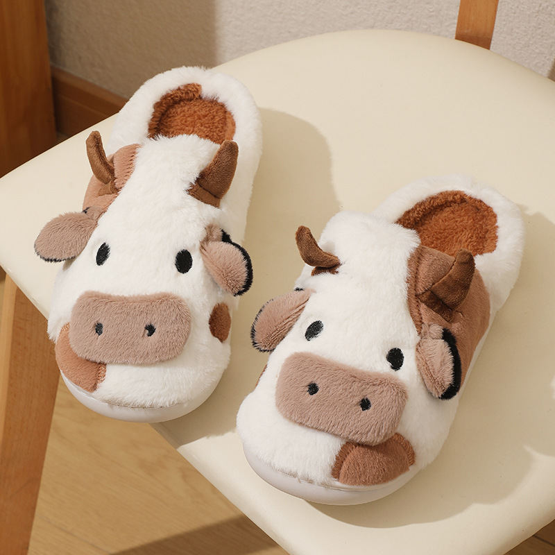 Kawaii Cow Plush Slippers for Women