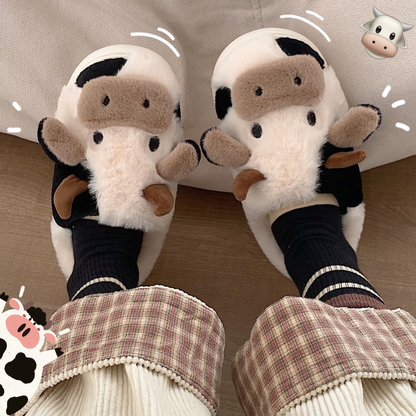 Kawaii Cow Plush Slippers for Women