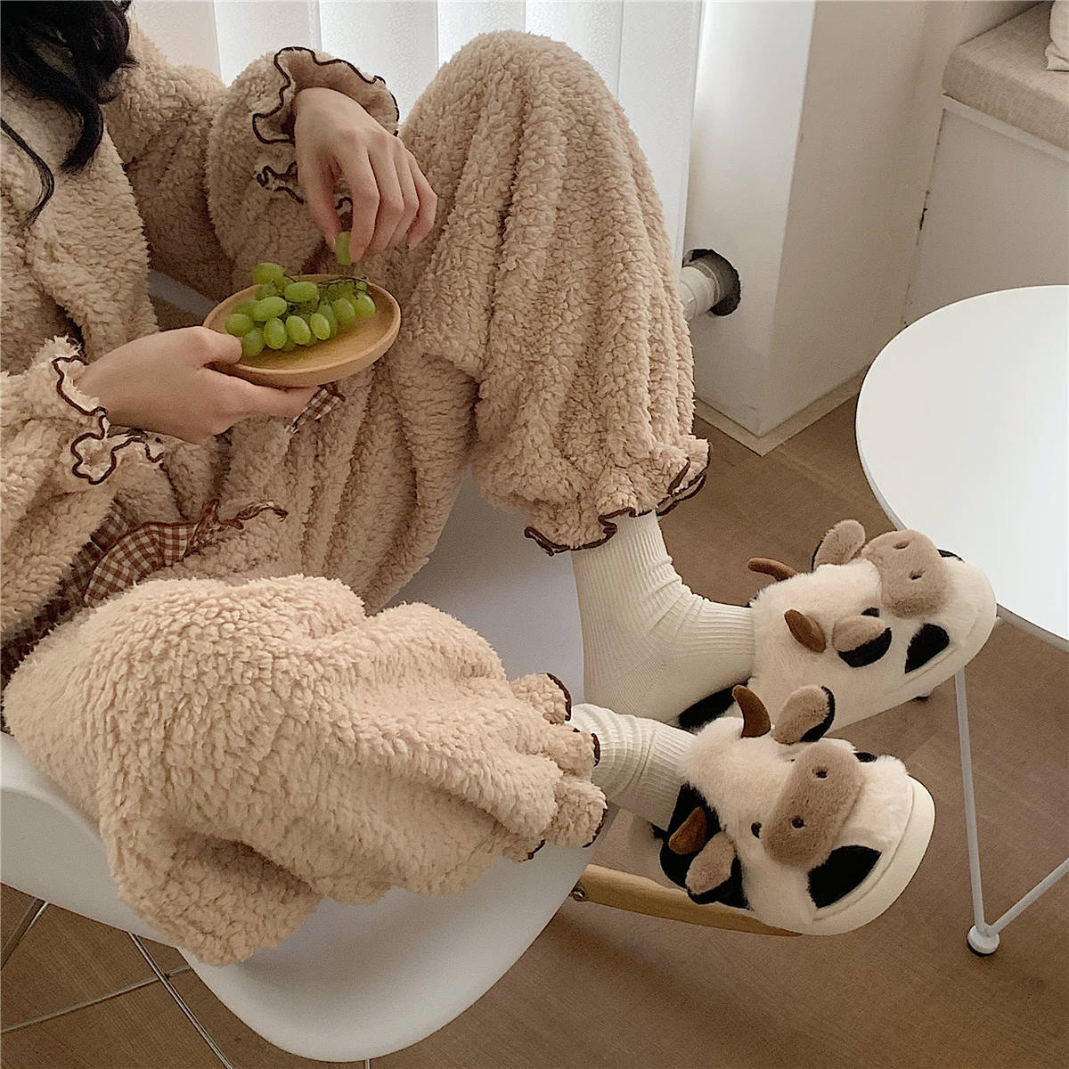 Kawaii Cow Plush Slippers for Women