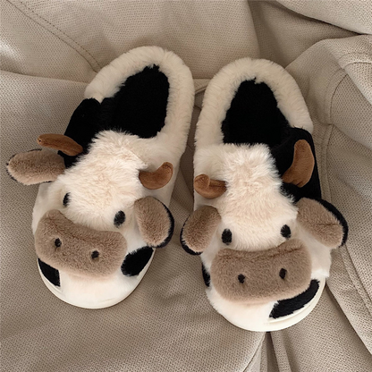 Kawaii Cow Plush Slippers for Women