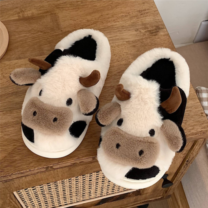 Kawaii Cow Plush Slippers for Women